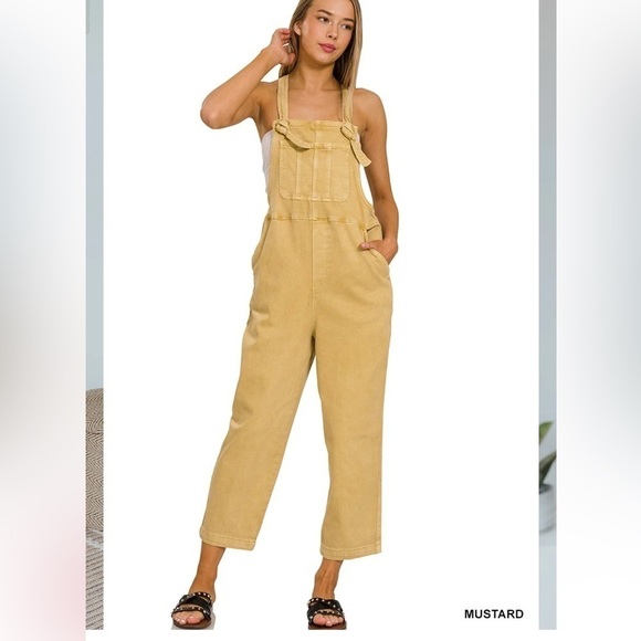 ZENANA WASHED TAN MUSTARD DENIM OVERALLS SIZE LARGE NWT - Picture 1 of 11